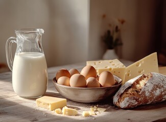 Sunlit rustic table with milk, eggs, cheese, and bread
