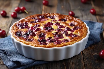 Delicious cherry clafoutis in a white ceramic dish.