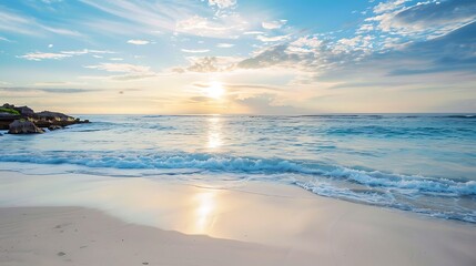 Fototapeta premium Golden Sunset Reflecting On Calm Ocean Water And Sandy Beach Landscape