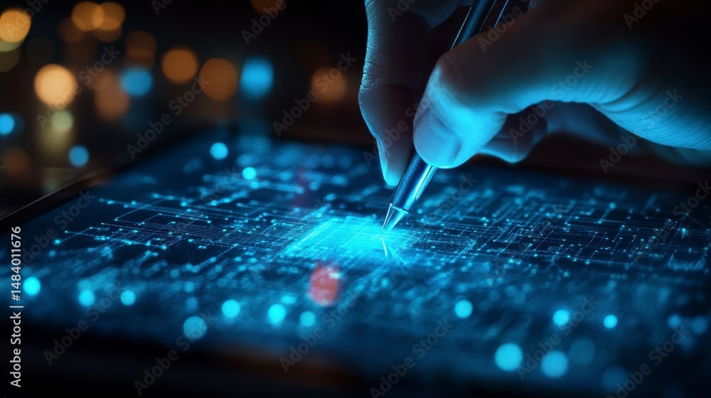Poster Close-up of hand using stylus on tablet displaying digital circuit board.