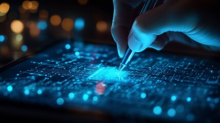 Close-up of hand using stylus on tablet displaying digital circuit board.