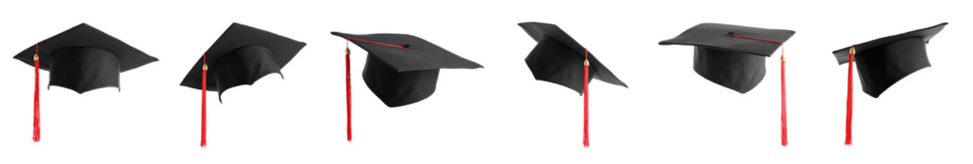 Set of many graduation hats on white background