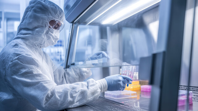 Scientist in cleanroom, wearing PPE, working with test tubes in lab hood. Sterile environment, research, and scientific protocols.