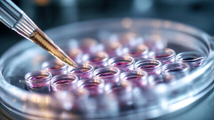 Close-up of a multiwell plate with a pipette adding liquid, symbolizing scientific research and biological processes in a lab setting.