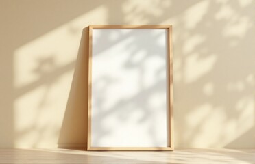 A3 poster mockup in wooden frame, standing on the wall. Natural lighting creates soft shadows for a modern and clean design.
