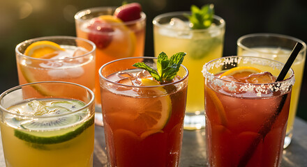 Colorful Summer Cocktails in Iced Glasses with Fresh Fruit