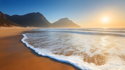 Fototapeta premium Scenic Sunrise Beach with Mountain View