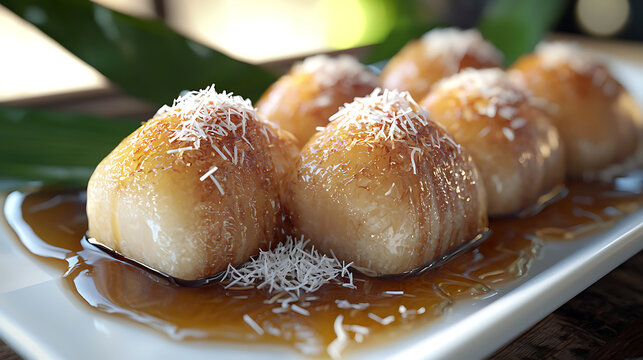 Six golden Misro cakes, traditional West Javanese treats made from grated cassava and palm sugar, topped with shredded coconut and drizzled with more palm sugar.