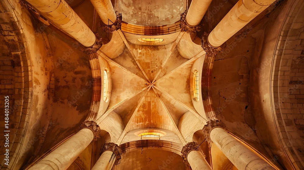 Poster interior view of a stone vaulted ceiling with geometric pattern and symmetrical design