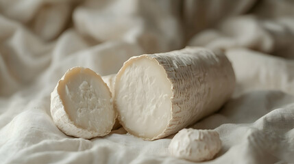 Fototapeta premium Queso de Cabra, Goat Cheese fresh goat cheese log on linen, white creamy texture, soft daylight background