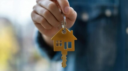 Key to New Beginnings: A hand presents a golden key with a house-shaped charm, symbolizing homeownership and the start of a new chapter. Ideal for real estate and property themes. - Powered by Adobe