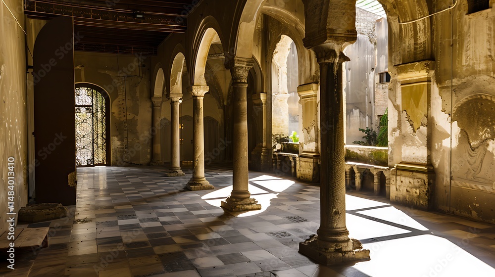 Poster interior view of arched architecture with columns and sunlight
