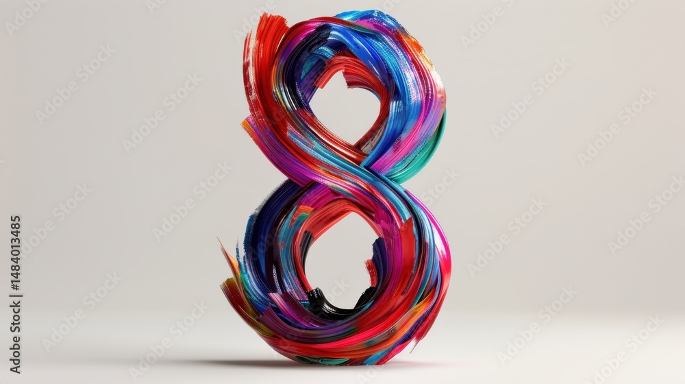Poster elegant number eight shape formed with vibrant multicolor brushstrokes creating dynamic composition