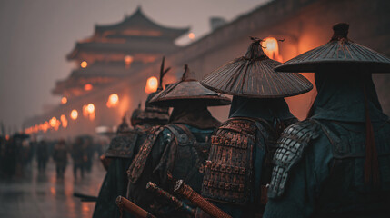 Naklejka premium Ancient Asian Warriors Showcasing Cultural Traditions Dressed in Historic Uniforms at Night Market with Lanterns Amid Fog and Mist in Mysterious Cityscape, Enriched by Elegant Architecture Dramatic