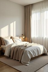 A serene minimalist bedroom with a simple bed, neutral tones, and natural light streaming through a sheer curtain Focus on calm and understated elegance for a restful atmosphere , home decor, calm