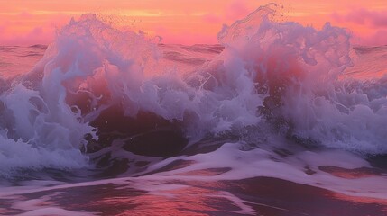 Fototapeta premium Crashing wave with a vibrant pink glow during sunrise offering a serene and calming sensation in nature