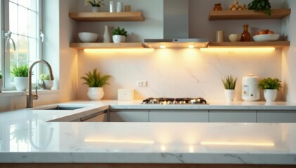 A sparkling clean kitchen counter, showcasing gleaming appliances and organized surfaces , tidy, chrome, faucet