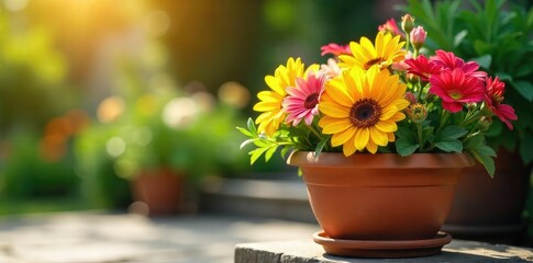 A vibrant terracotta pot overflowing with lush, colorful flowers sits outdoors, bathed in sunlight The scene evokes a feeling of summer and garden freshness , outdoor, exterior, leaves