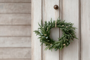 serene and elegant minimalist christmas wreath featuring simple greenery and subtle decorations