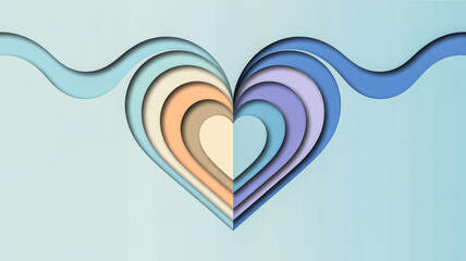 A minimalist paper art design featuring a layered heart shape with concentric rings against a light blue background.