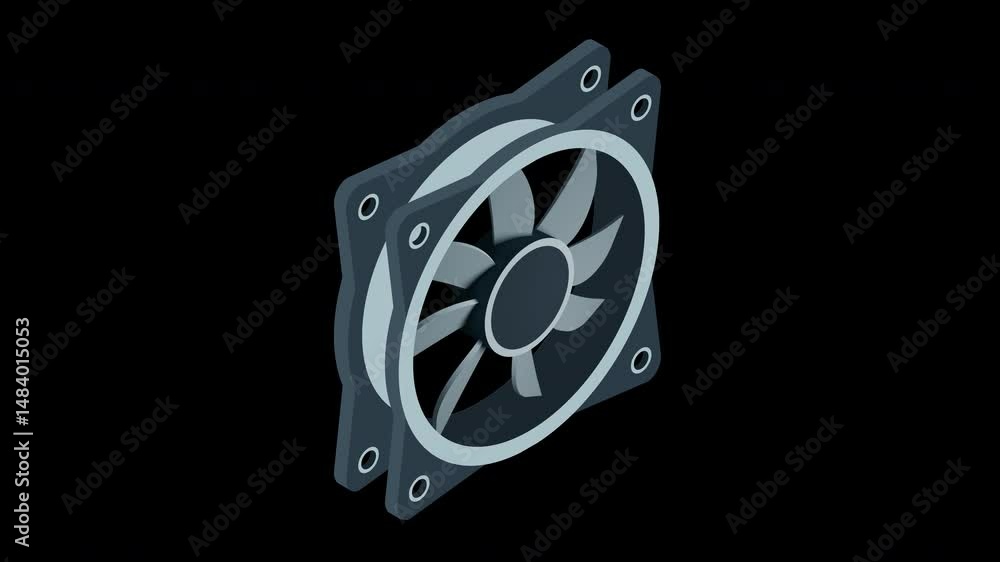 Poster isometric computer fan animation. computer fan cooler. isometric of pc case fan. computer hardware c
