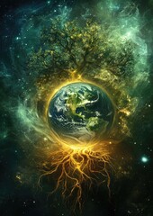 Obraz premium Cosmic tree of life intertwined with the earth.
