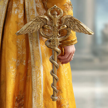 Caduceus Golden Staff Wings Medical Symbol Mitra Hand Ornate Design Dress Yellow Background Ancient Mythology Art Elegance Mysticism Empowerment Regal Historical Ceremonial Clothing Imagery