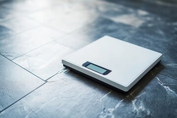 A white digital bathroom scale sits on a gray tiled floor with a glossy reflective surface in a room