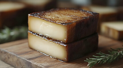 Queso de los Alpes Espanoles, Spanish Alpine Cheese alpine style cheese slices on pine board, rustic mountain vibe