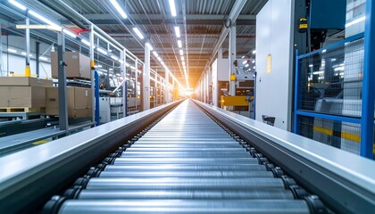 Fototapeta premium Industrial Conveyor Belt in Warehouse.