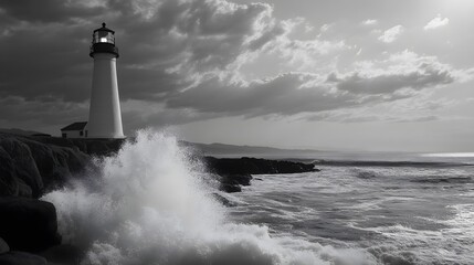 Obraz premium Dramatic Black and White Lighthouse Seascape with Crashing Waves