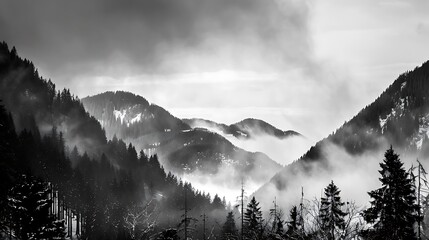 Monochrome Mountain Landscape With Fog and Trees