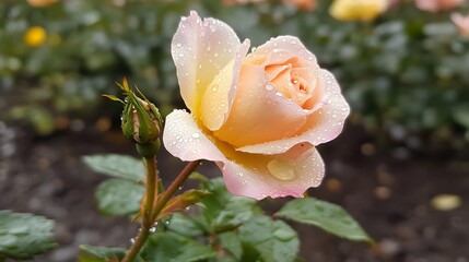 Beautiful Dew Drops on Peach Rose Flower Bloom