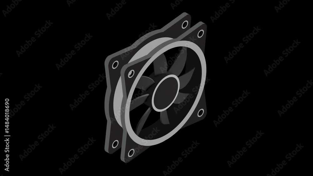 Poster isometric computer fan animation. computer fan cooler. isometric of pc case fan. computer hardware c