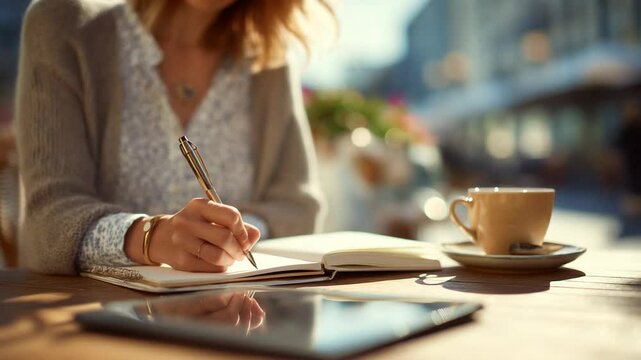 Woman writing in notebook at outdoor cafe in soft sunlight