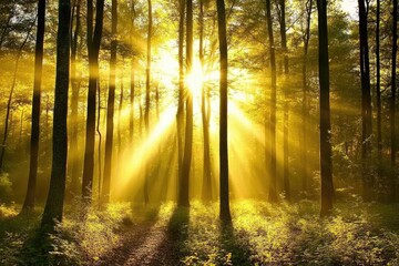 Obraz premium Golden sunlight streams through a dense forest.