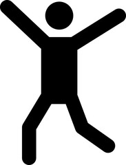 Black pictogram of a man walking with his arms up representing happiness