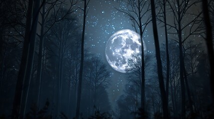 Nighttime Forest Scene with Full Moon Shining Amidst the Trees and Stars