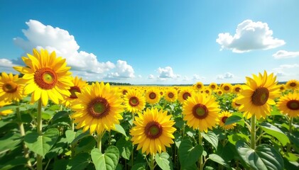 Obraz premium Vast field of vibrant sunflowers blooming under a bright summer sky , golden hour, flower field, growth