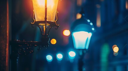 Ornamental Street Lamps Illuminated In A Night City Scene With Bokeh Lights
