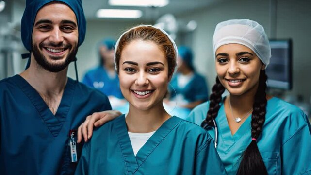Medical Team's Radiance: Capturing the radiant smiles of a dedicated medical team, ready to make a difference. Displaying camaraderie and professionalism in a focused healthcare environment.