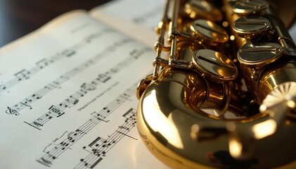 Obraz premium Close-up shot of a saxophone, musical notes on sheet music, and vintage microphone , melody, performance