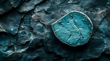 Queso La Peral, La Peral Cheese blue-perfumed La Peral cheese slice on slate, mold veins visible, rustic backdrop