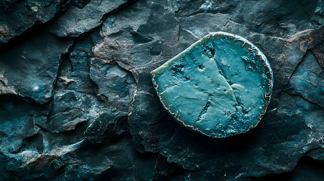 Queso La Peral, La Peral Cheese blue-perfumed La Peral cheese slice on slate, mold veins visible, rustic backdrop