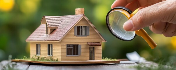 Hand holding magnifying glass inspecting a miniature house with green blurred background outside view
