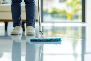 Person mopping a shiny floor with a blue mop in a bright room with a window and a glimpse of a couch