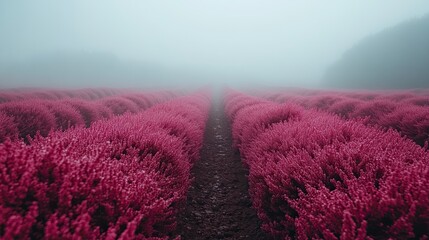 Obraz premium Pink Heather Field in Fog.