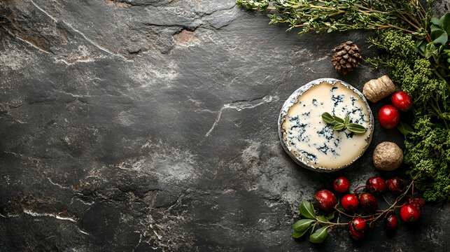 Queso La Peral, La Peral Cheese blue-perfumed La Peral cheese slice on slate, mold veins visible, rustic backdrop