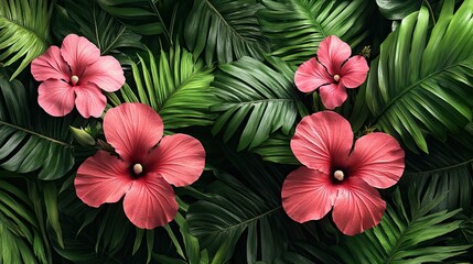 Obraz premium Pink Hibiscus Tropical Leaves.