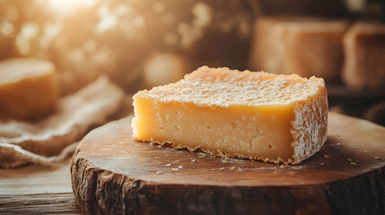 Queso Manchego, Manchego Cheese aged Manchego cheese wedge on wooden board, textured rind visible, warm soft lighting